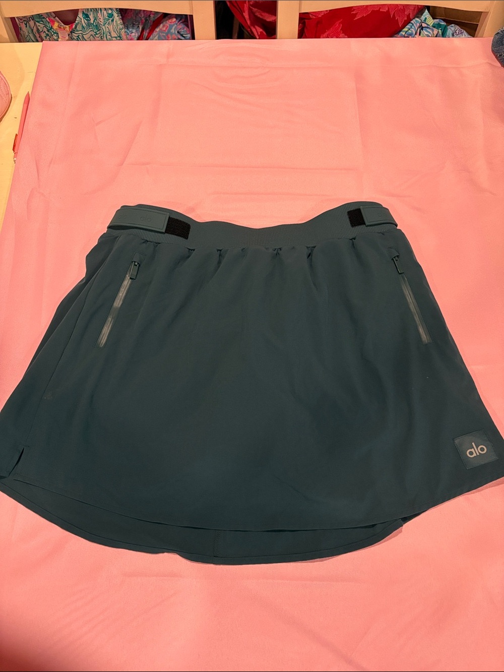 Alo Yoga Elevation Mini Skirt Skort L Midnight Green Fleece Shorts Zip Pockets